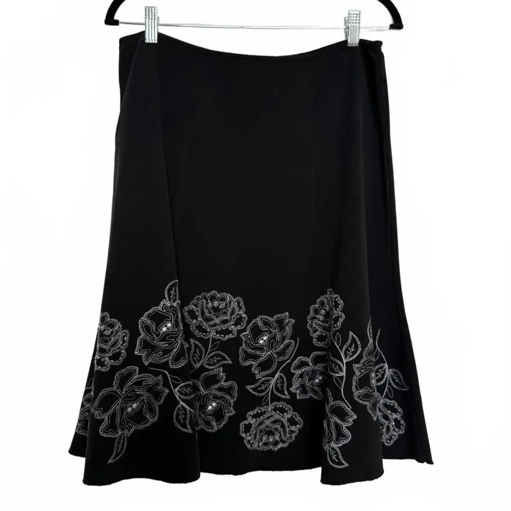 Vintage Black Romantic Skirt with‎ White Embroidered Floral Detail